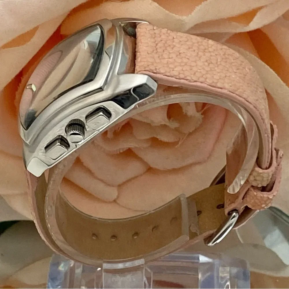 Croton All Stainless Steel Swiss Quartz Chronograph Pink Dial Sharkskin Strap